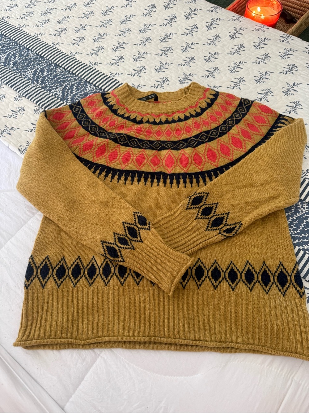 Fair isle Mustard Crewneck Sweater with Navy & Coral Yoke